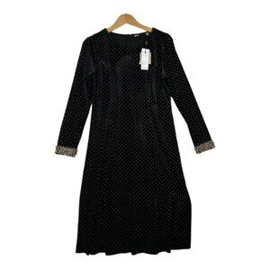 Tahari Womens 10 Velvet Long Sleeve Dress Polka Dot Black Gold Beaded Party